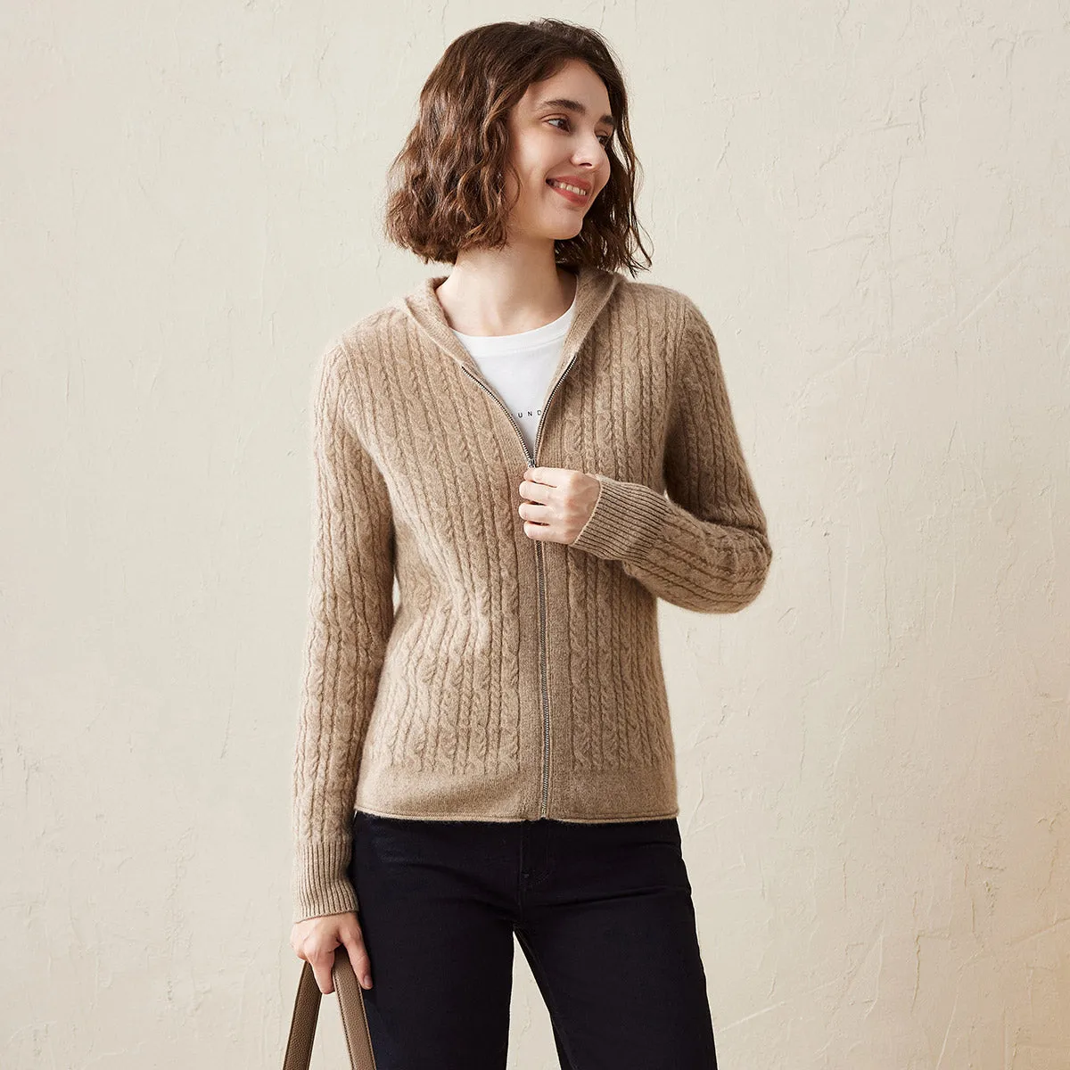 100% Cashmere Cardigan Luxurious Cable Knit Hoodies