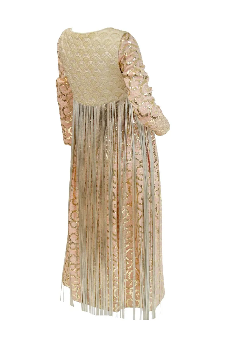 1960s Lisa Meril Pink and Gold Sequin Swirl Dress with Gold Fringe Vest