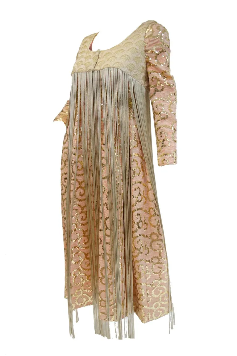 1960s Lisa Meril Pink and Gold Sequin Swirl Dress with Gold Fringe Vest