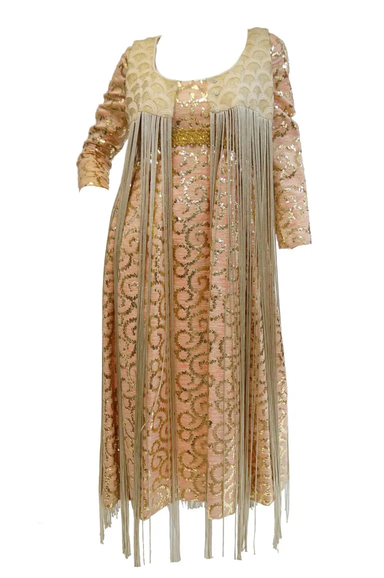 1960s Lisa Meril Pink and Gold Sequin Swirl Dress with Gold Fringe Vest