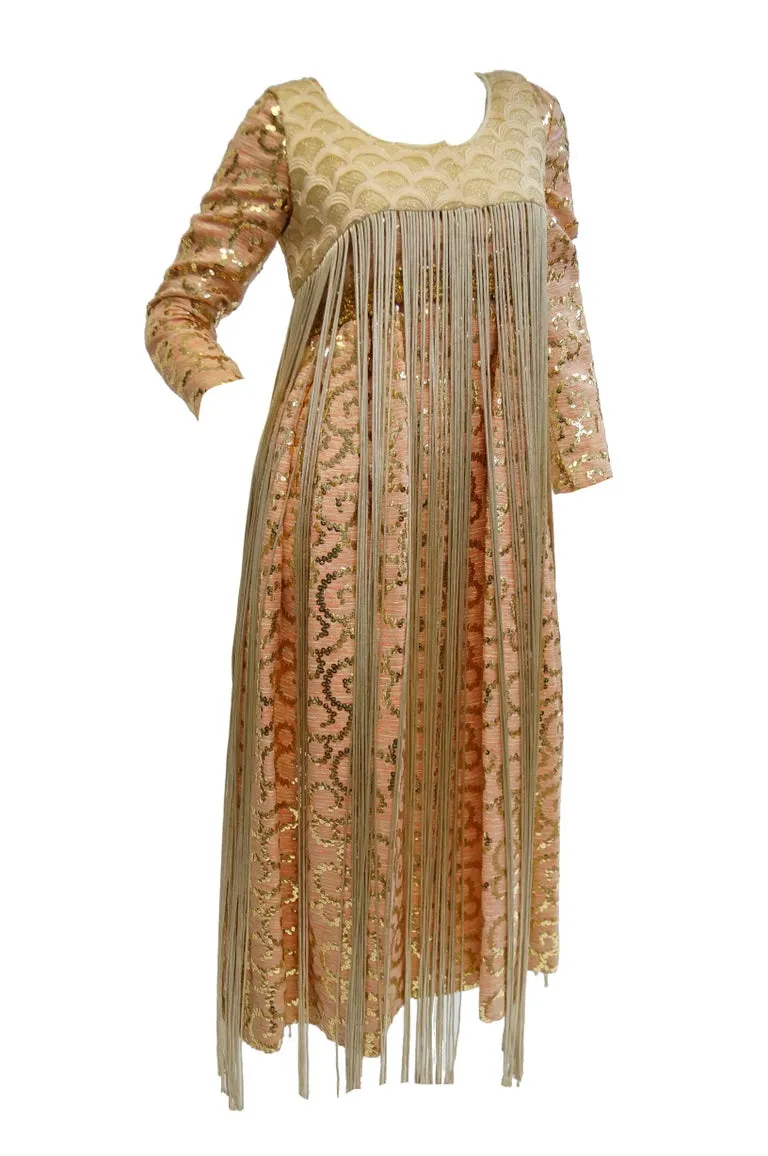 1960s Lisa Meril Pink and Gold Sequin Swirl Dress with Gold Fringe Vest