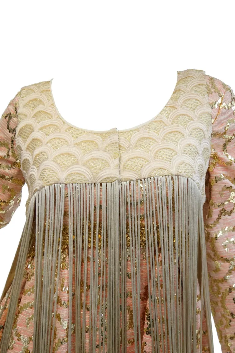 1960s Lisa Meril Pink and Gold Sequin Swirl Dress with Gold Fringe Vest