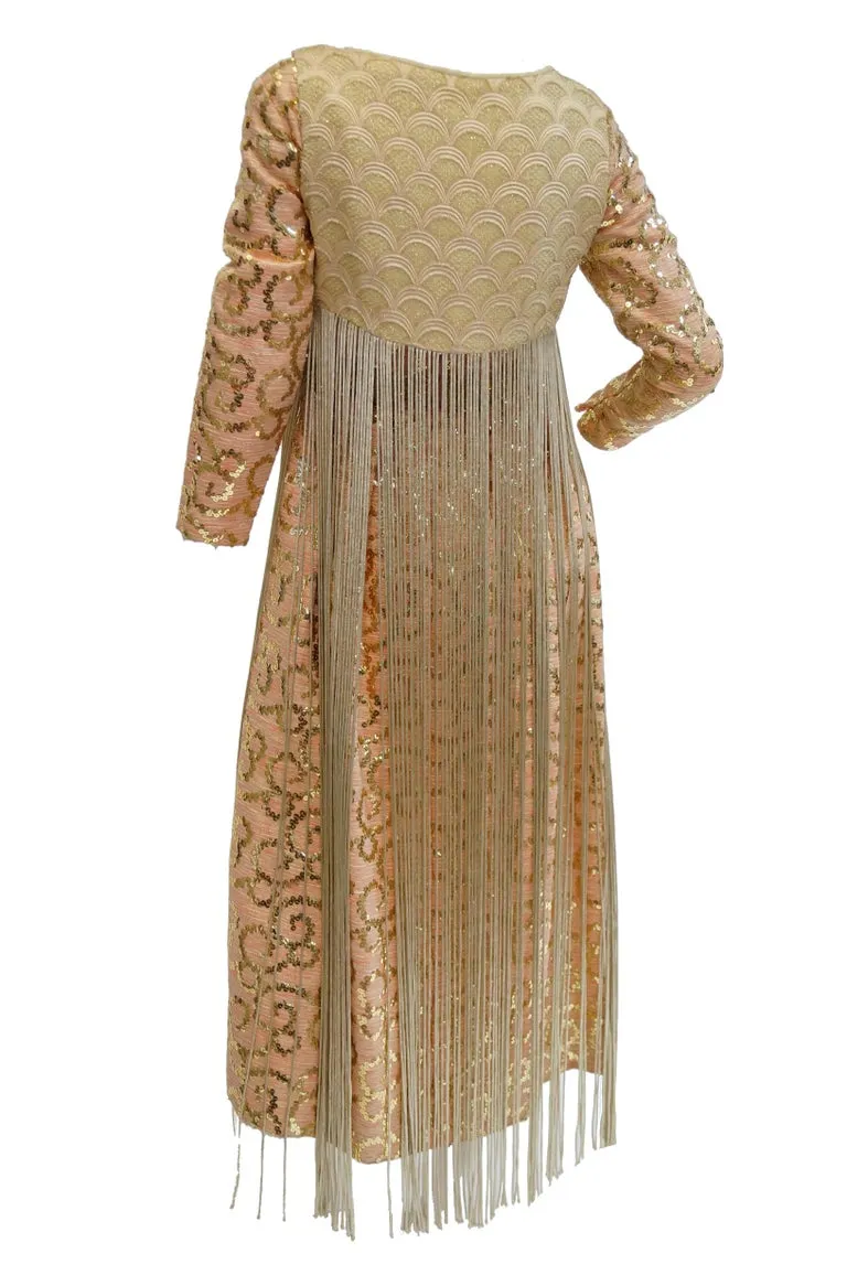 1960s Lisa Meril Pink and Gold Sequin Swirl Dress with Gold Fringe Vest