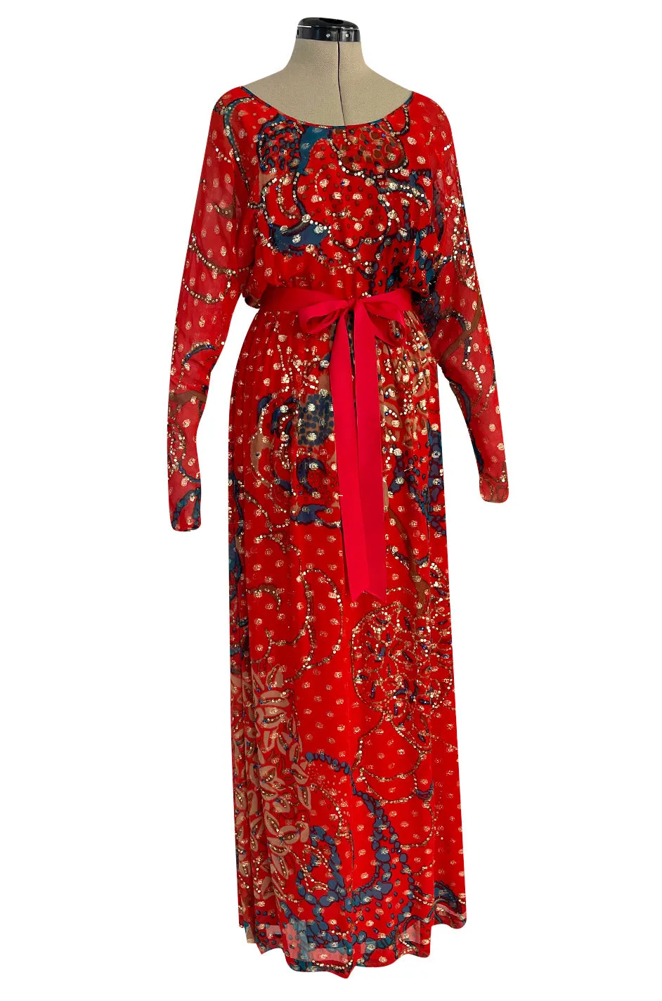 1970s Malcolm Starr by Youssef Rizkallah Sequinned Metallic Gold Lurex & Printed Red Silk Maxi Dress