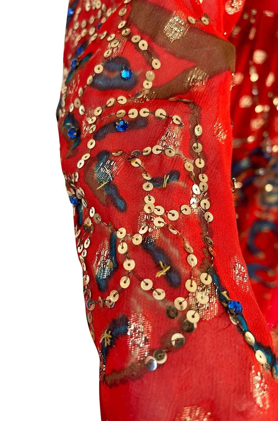 1970s Malcolm Starr by Youssef Rizkallah Sequinned Metallic Gold Lurex & Printed Red Silk Maxi Dress