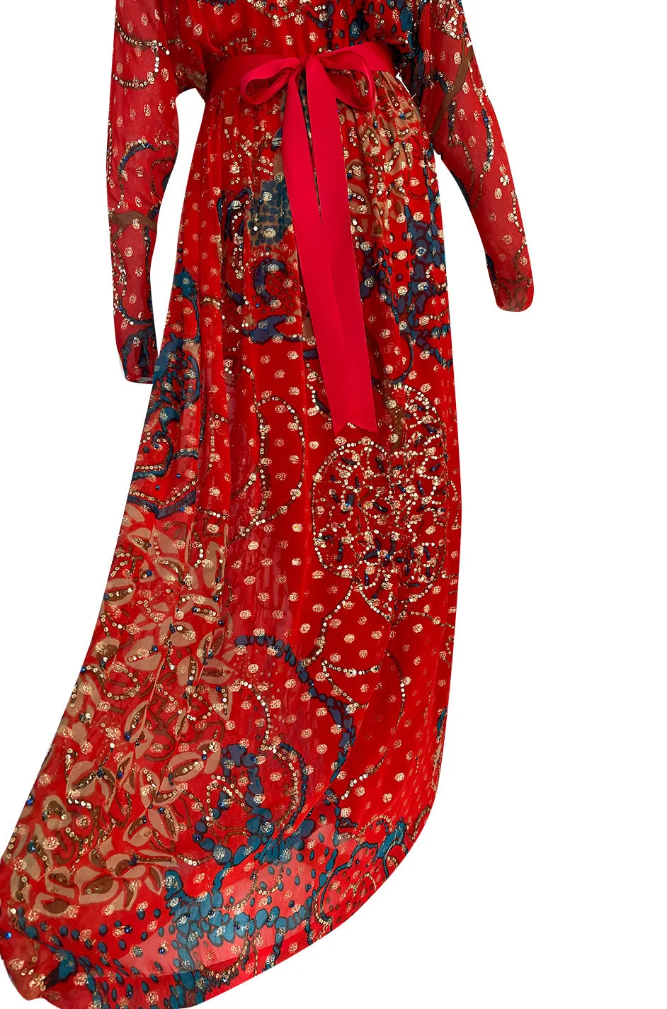 1970s Malcolm Starr by Youssef Rizkallah Sequinned Metallic Gold Lurex & Printed Red Silk Maxi Dress