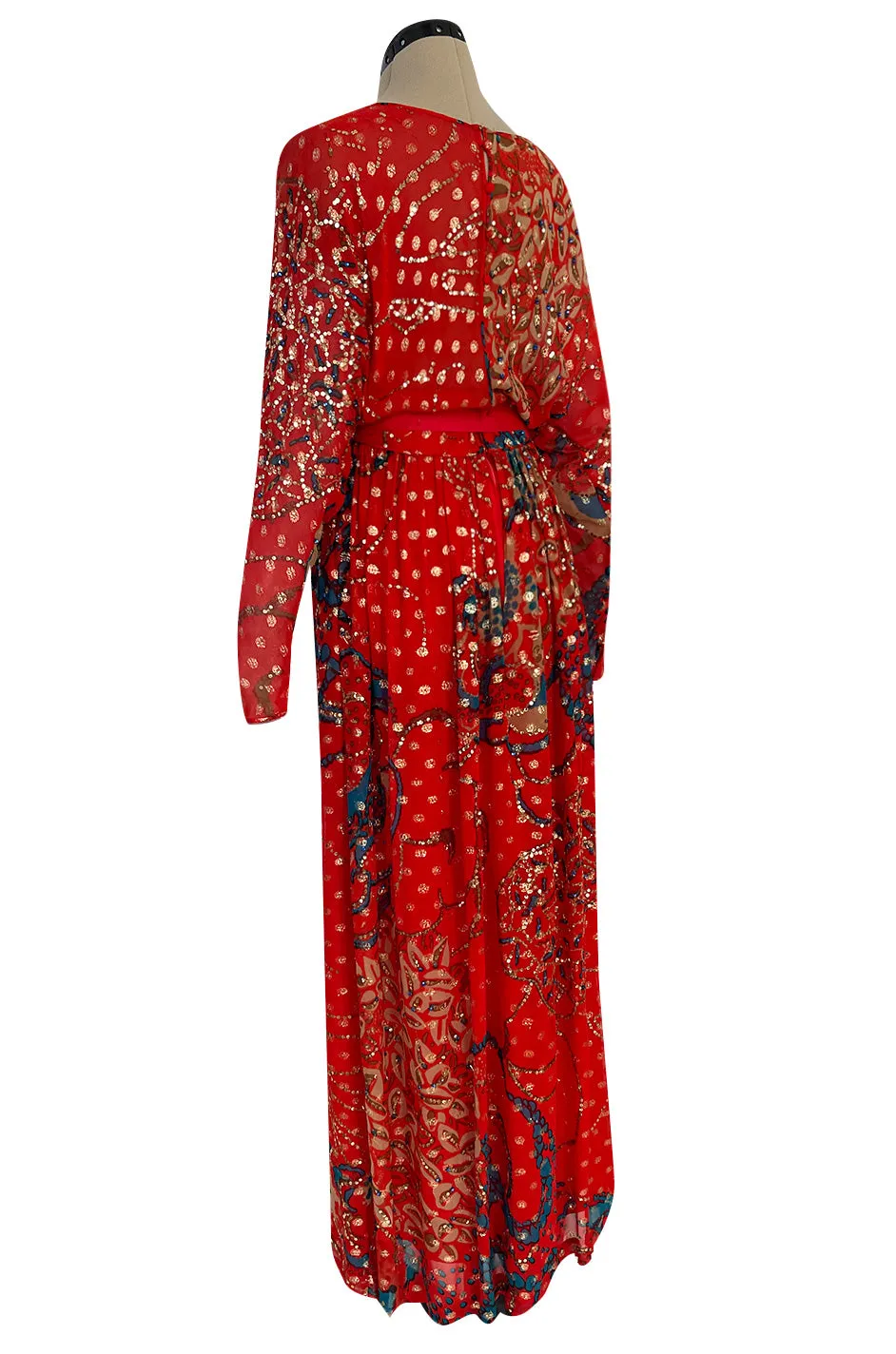 1970s Malcolm Starr by Youssef Rizkallah Sequinned Metallic Gold Lurex & Printed Red Silk Maxi Dress