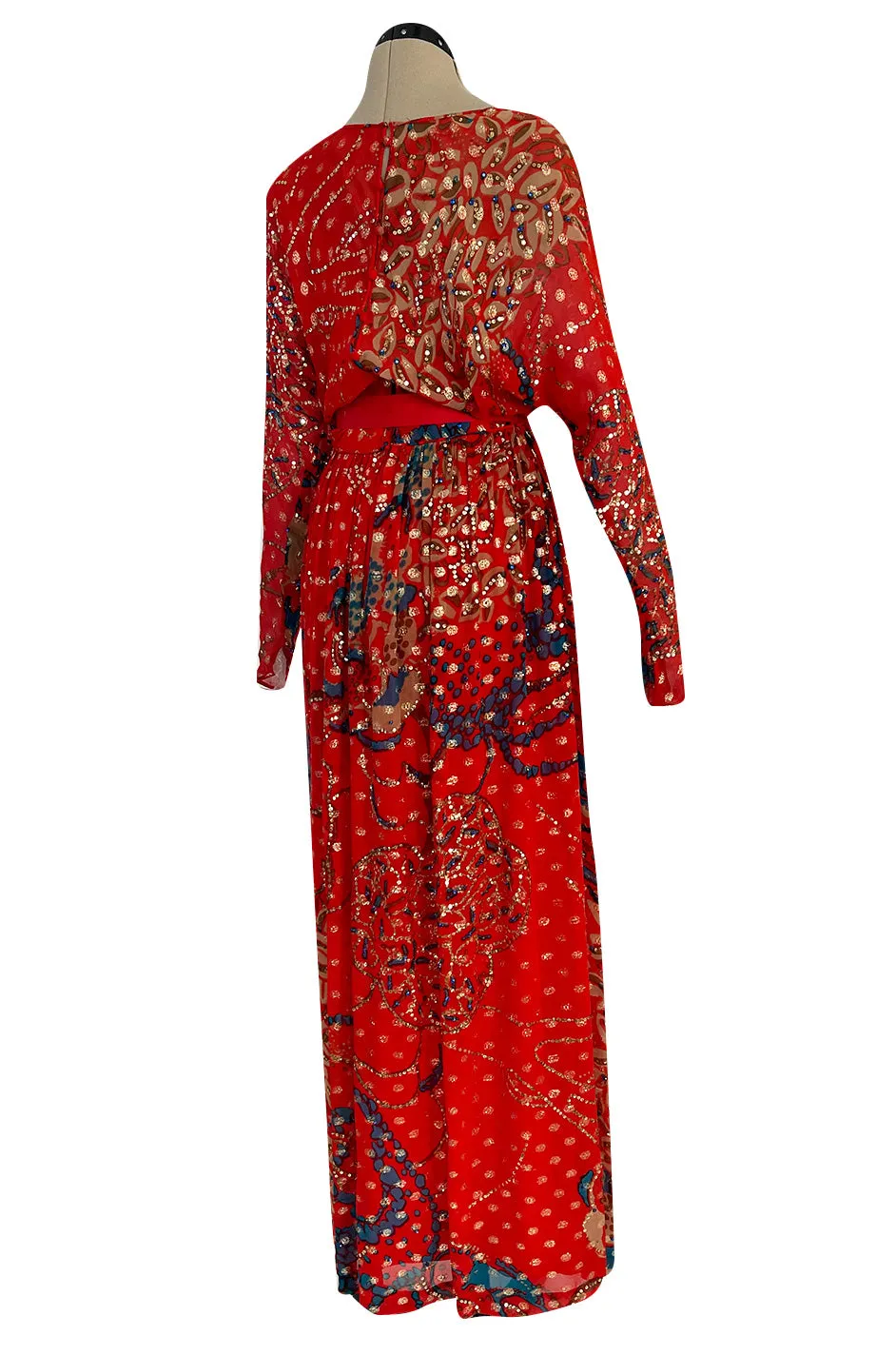 1970s Malcolm Starr by Youssef Rizkallah Sequinned Metallic Gold Lurex & Printed Red Silk Maxi Dress