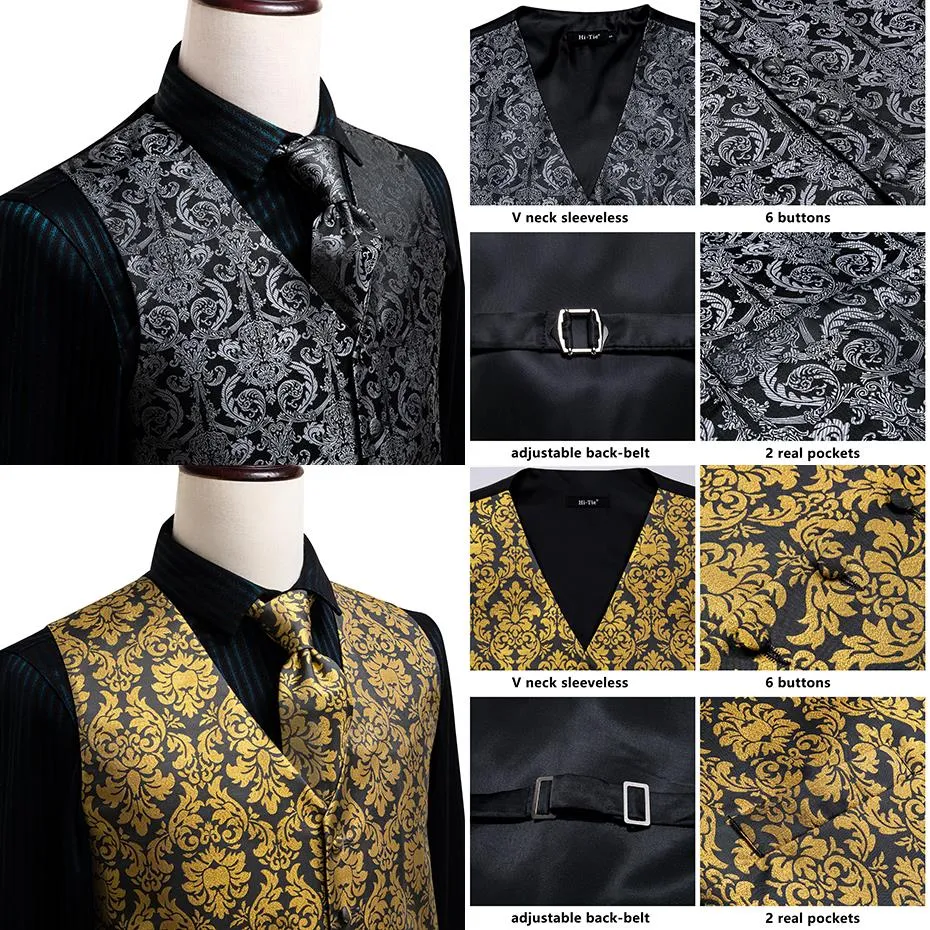 4Piece Mens Vest for Suit Luxury Paisley Floral Plaid Suit Silk Vest and Tie Set Blue Gold Red Sliver Wedding Vest