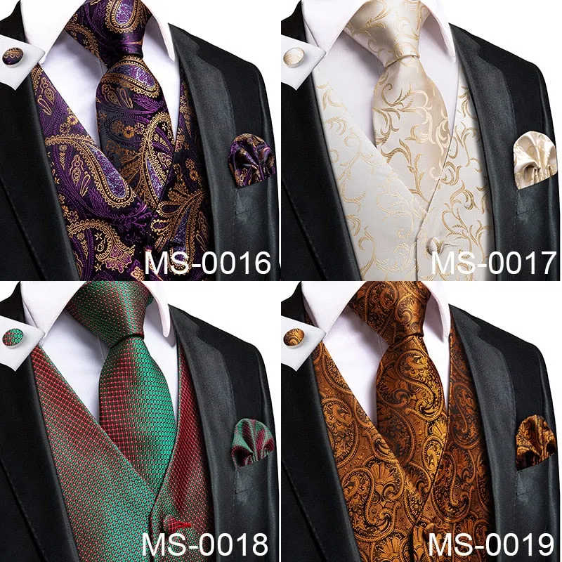 4Piece Mens Vest for Suit Luxury Paisley Floral Plaid Suit Silk Vest and Tie Set Blue Gold Red Sliver Wedding Vest