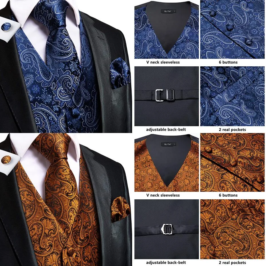 4Piece Mens Vest for Suit Luxury Paisley Floral Plaid Suit Silk Vest and Tie Set Blue Gold Red Sliver Wedding Vest