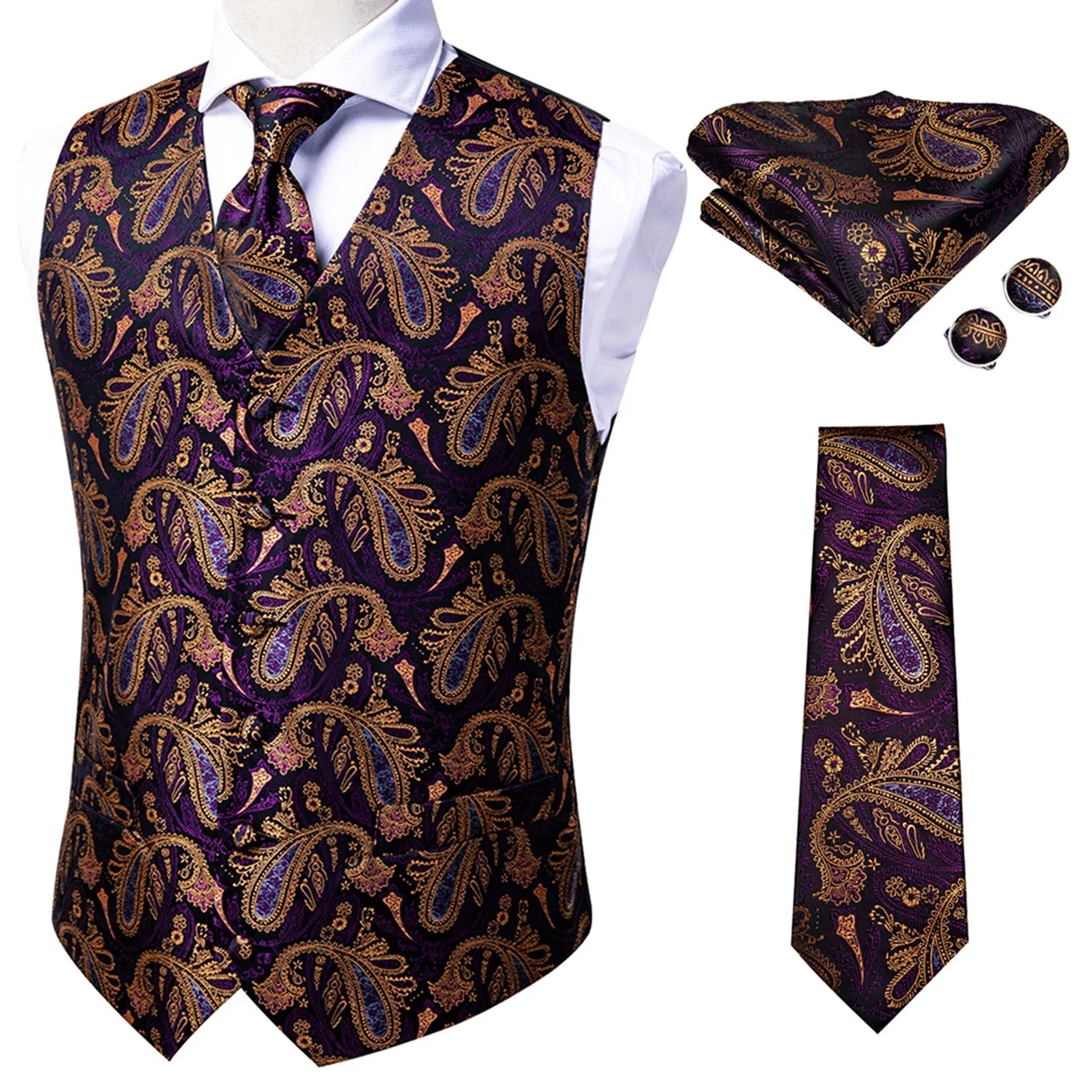 4Piece Mens Vest for Suit Luxury Paisley Floral Plaid Suit Silk Vest and Tie Set Blue Gold Red Sliver Wedding Vest