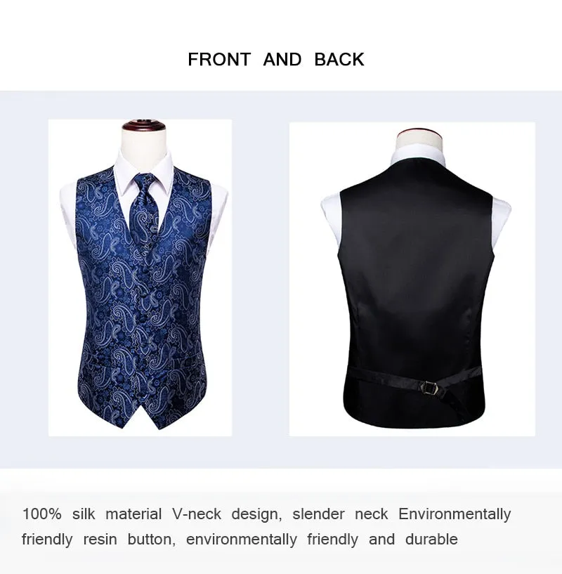 4Piece Mens Vest for Suit Luxury Paisley Floral Plaid Suit Silk Vest and Tie Set Blue Gold Red Sliver Wedding Vest