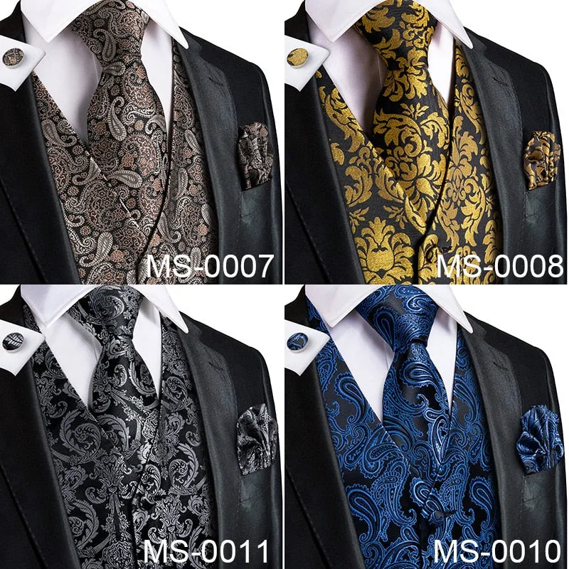 4Piece Mens Vest for Suit Luxury Paisley Floral Plaid Suit Silk Vest and Tie Set Blue Gold Red Sliver Wedding Vest