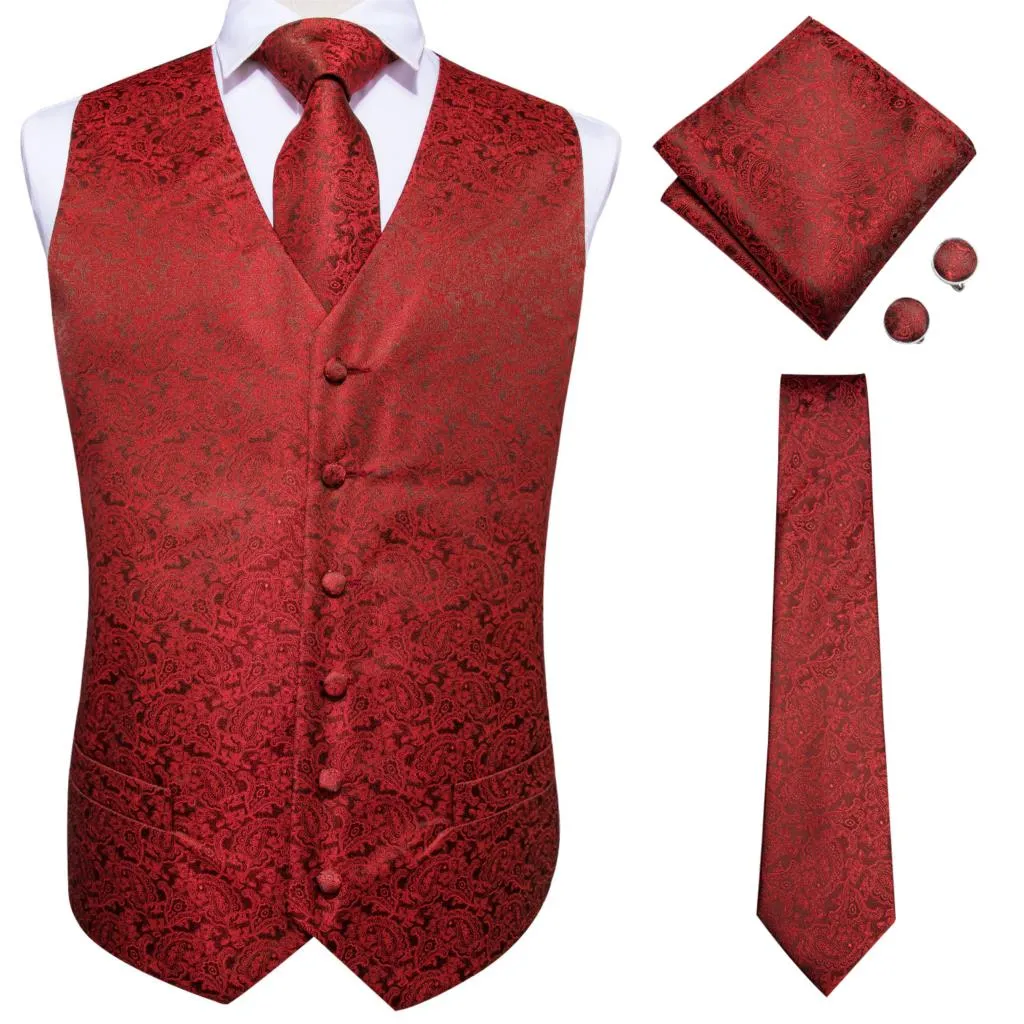 4Piece Mens Vest for Suit Luxury Paisley Floral Plaid Suit Silk Vest and Tie Set Blue Gold Red Sliver Wedding Vest