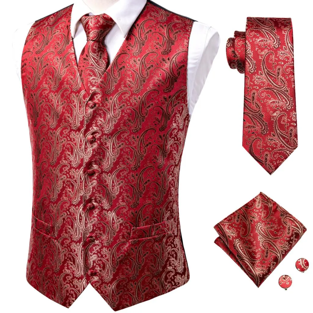 4Piece Mens Vest for Suit Luxury Paisley Floral Plaid Suit Silk Vest and Tie Set Blue Gold Red Sliver Wedding Vest