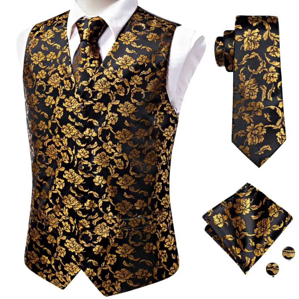 4Piece Mens Vest for Suit Luxury Paisley Floral Plaid Suit Silk Vest and Tie Set Blue Gold Red Sliver Wedding Vest