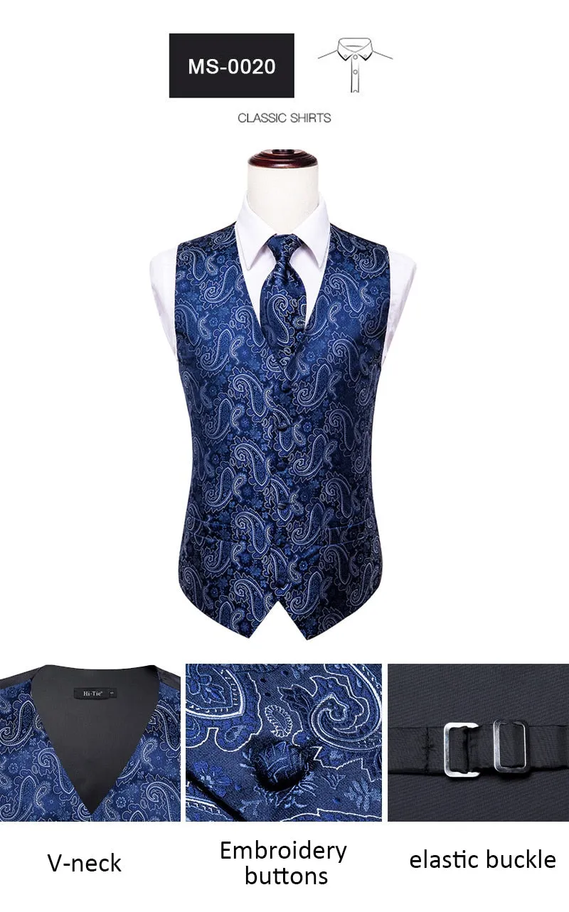 4Piece Mens Vest for Suit Luxury Paisley Floral Plaid Suit Silk Vest and Tie Set Blue Gold Red Sliver Wedding Vest