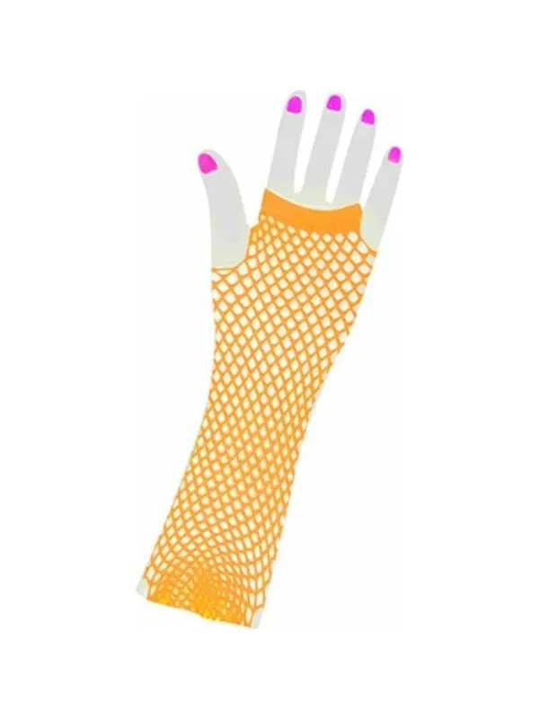 Adult Long 80's Style Orange Neon Fishnet Gloves