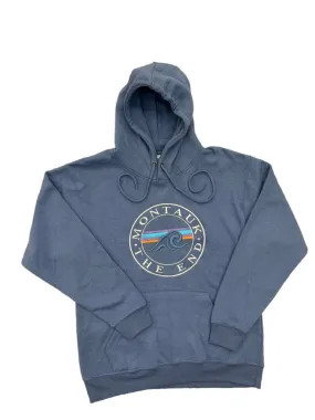 Adult Unisex Hooded Pullover with Embroidered Montauk The End Wave in Navy