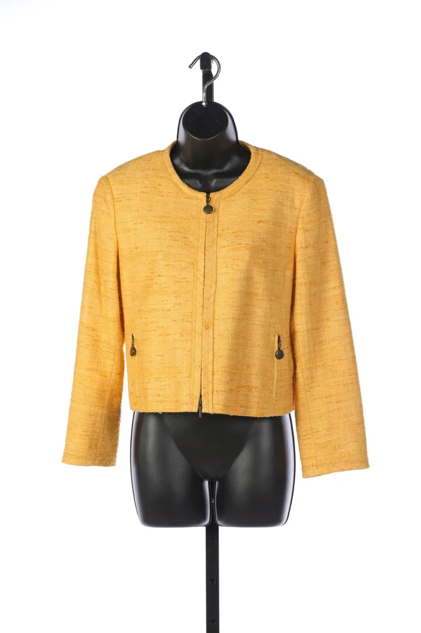 Akris Punto Yellow Tweed & Silk Zip Up Cropped Jacket with Brass Hardware