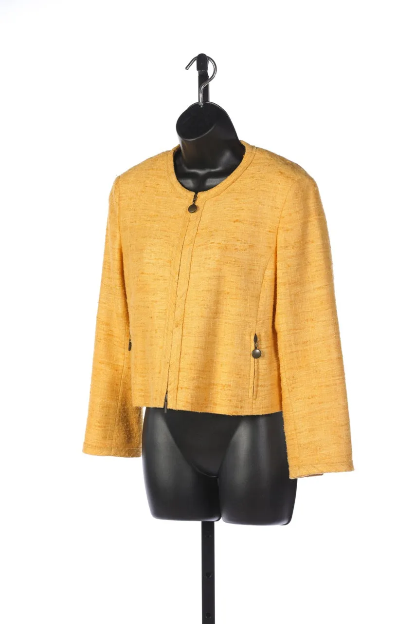 Akris Punto Yellow Tweed & Silk Zip Up Cropped Jacket with Brass Hardware