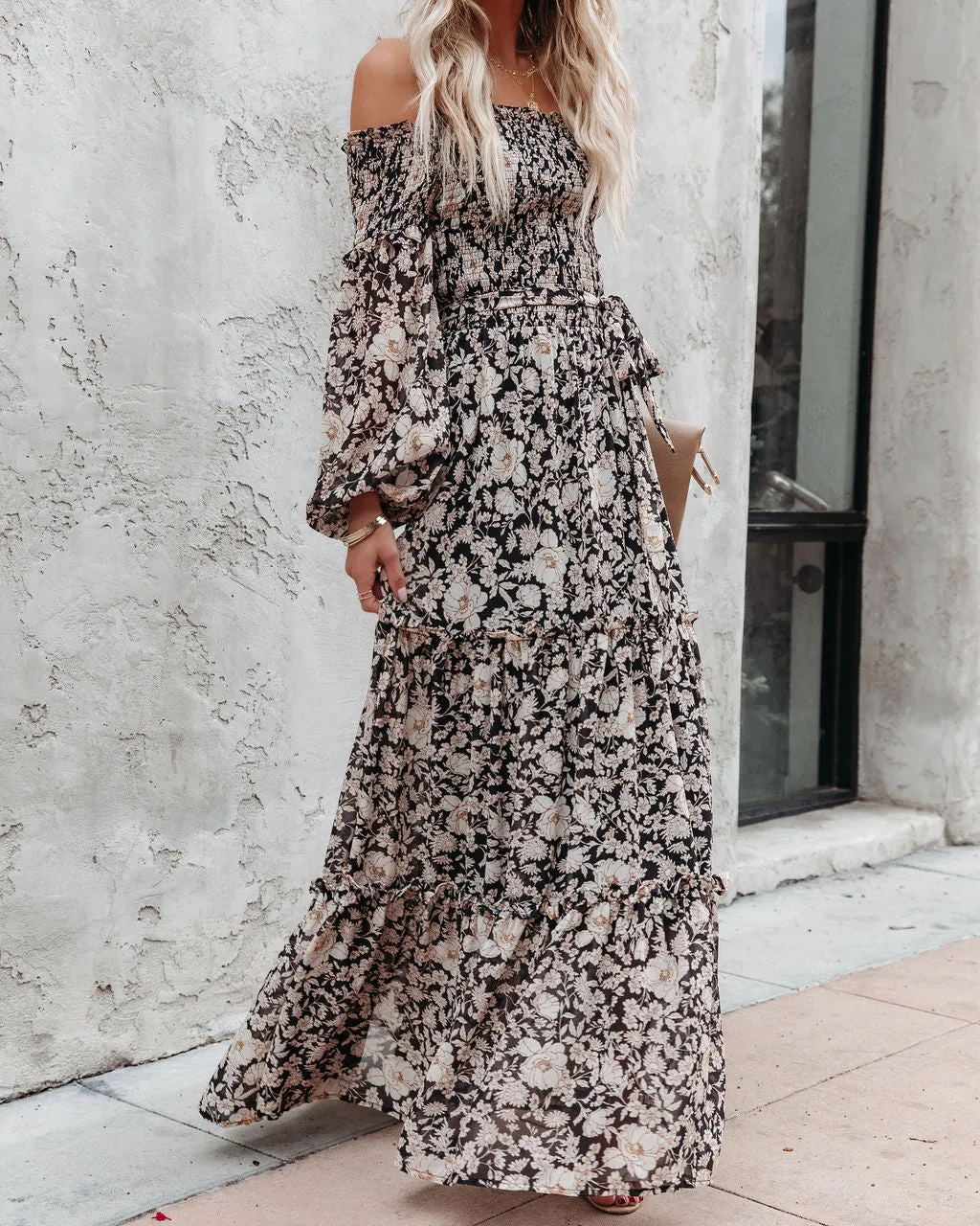 Alexandria Floral Smocked Off The Shoulder Maxi Dress