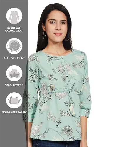 Amazon Brand - Myx Women's Cotton Printed Regular Short Kurti (PAG 197_Mint Floral_XX-Large)