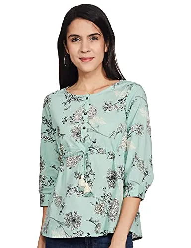 Amazon Brand - Myx Women's Cotton Printed Regular Short Kurti (PAG 197_Mint Floral_XX-Large)