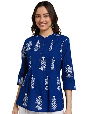 Amazon Brand - Myx Women's Cotton Printed Relaxed Short Kurti (SS19MYXTP018A1_Indigo_XX-Large)