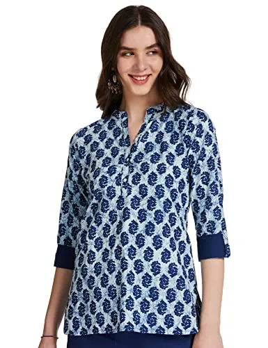 Amazon Brand - Myx Women's Cotton Screen Print Straight Short Kurti (SS17INDNIT09_Indigo_XXXX-Large 4XL)