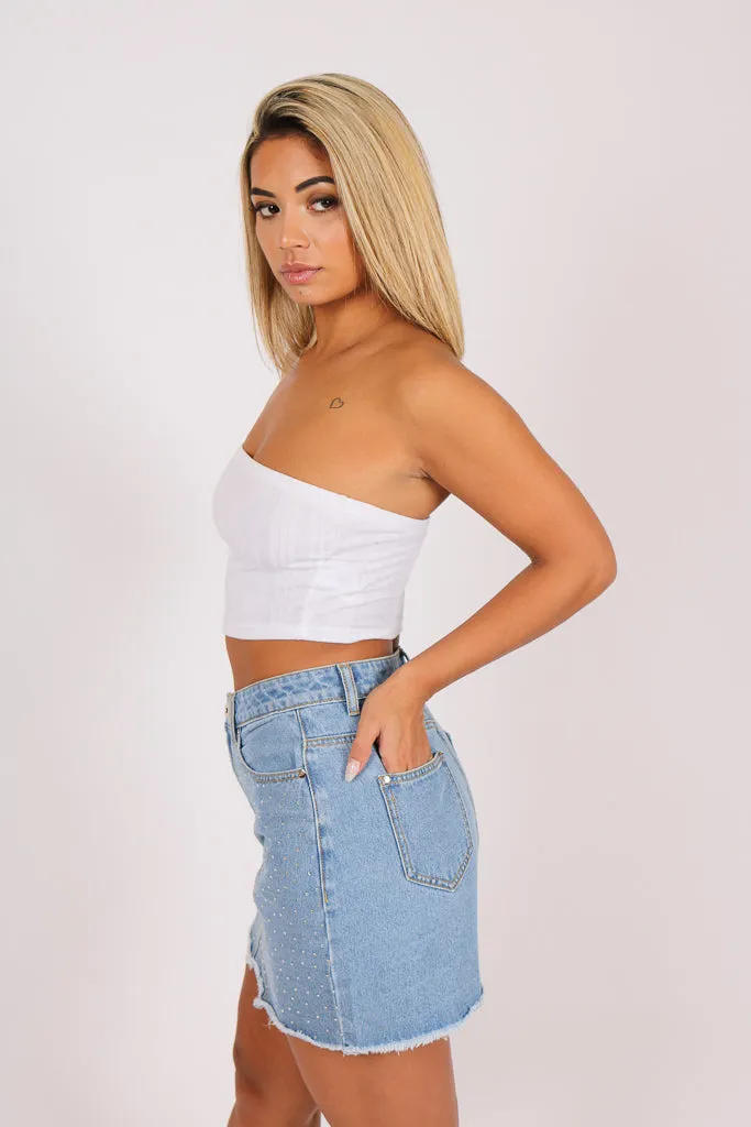 Anais Glitzy Glam Denim Mini Skirt In Vintage Stonewash