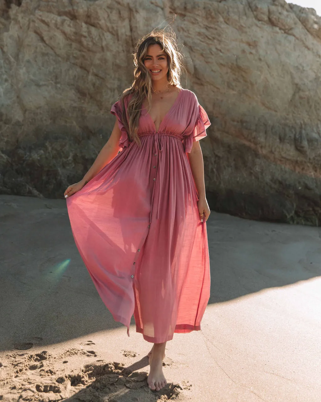 Anika Pocketed Button Down Ruffle Maxi Dress - Desert Rose