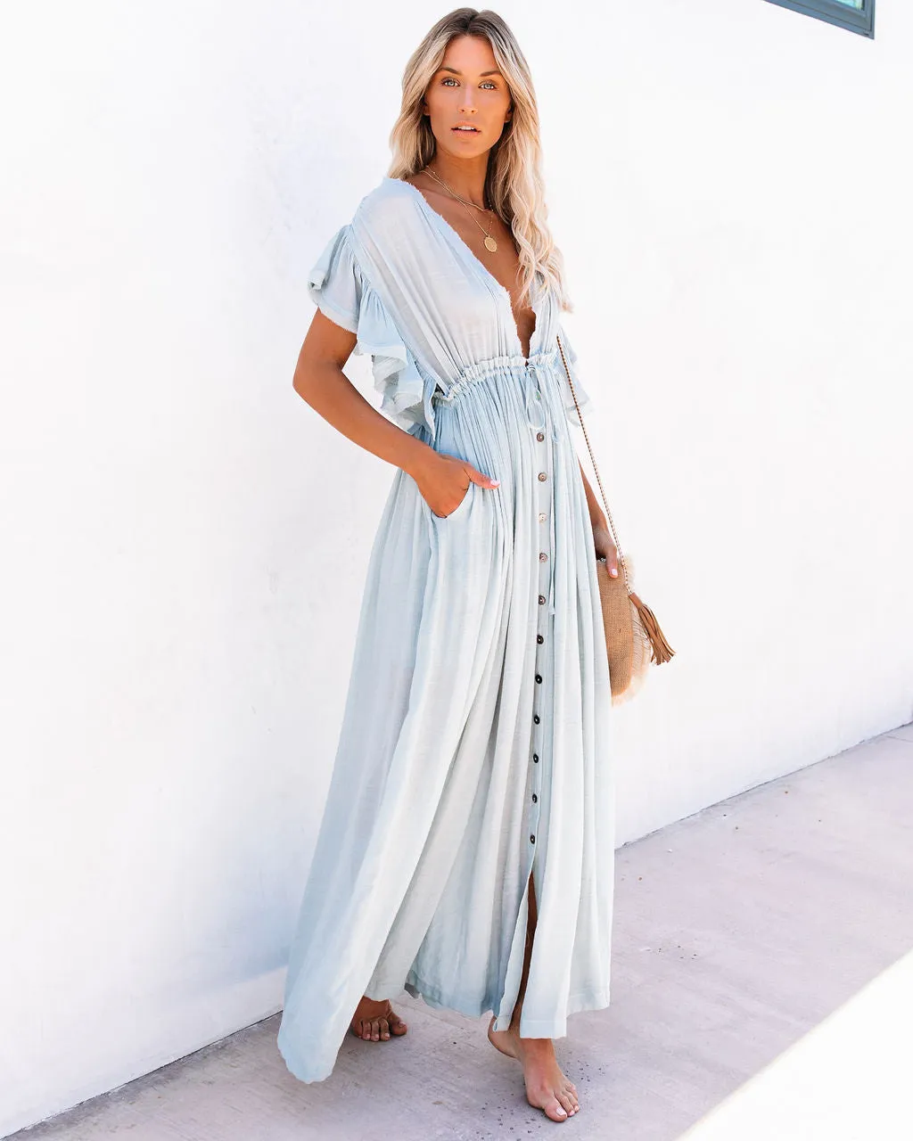 Anika Pocketed Button Down Ruffle Maxi Dress - Waterlily