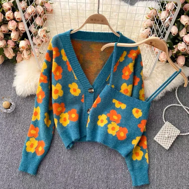 Autumn, fresh, fashionable, spaghettis strap top, cardigan sweater, two suits  1395