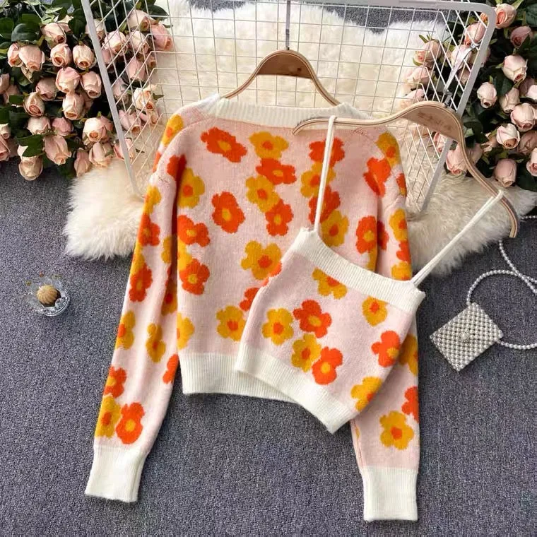 Autumn, fresh, fashionable, spaghettis strap top, cardigan sweater, two suits  1395