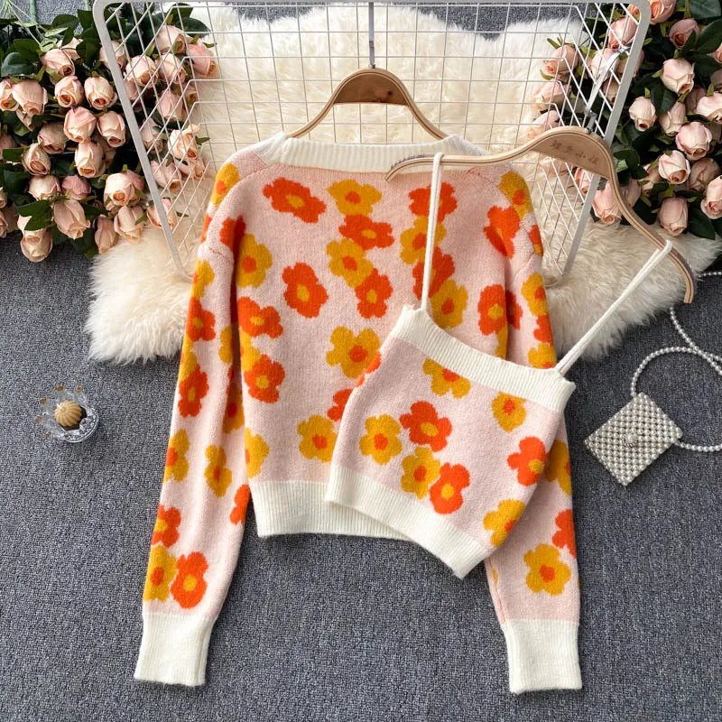 Autumn, fresh, fashionable, spaghettis strap top, cardigan sweater, two suits  1395