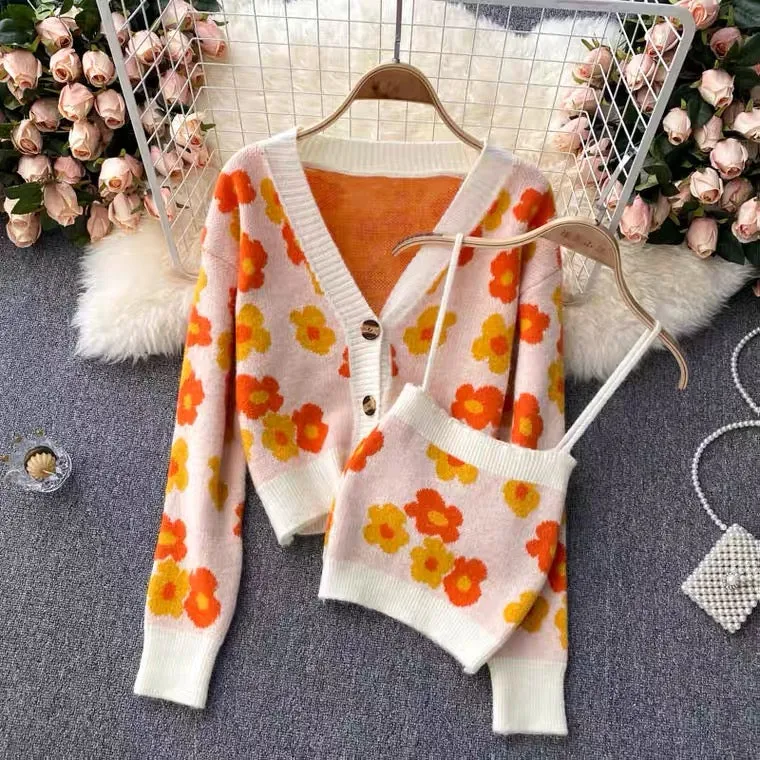 Autumn, fresh, fashionable, spaghettis strap top, cardigan sweater, two suits  1395