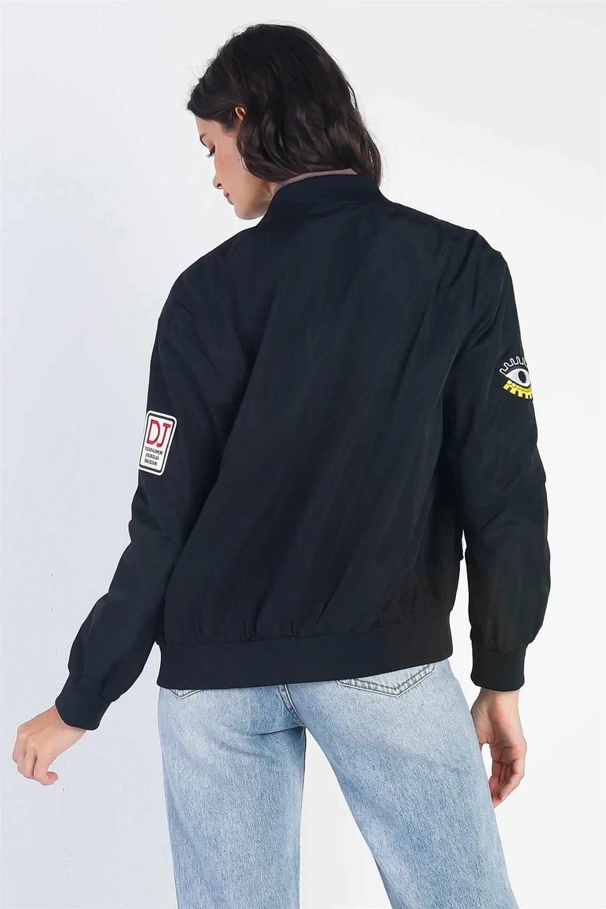 Aviator Black Retro Patches Long Sleeve Bomber Jacket /2-2