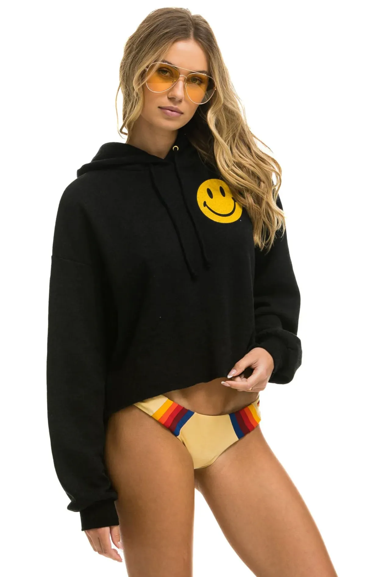 AVIATOR NATION SMILEY 2 RELAXED CROPPED PULLOVER HOODIE - BLACK