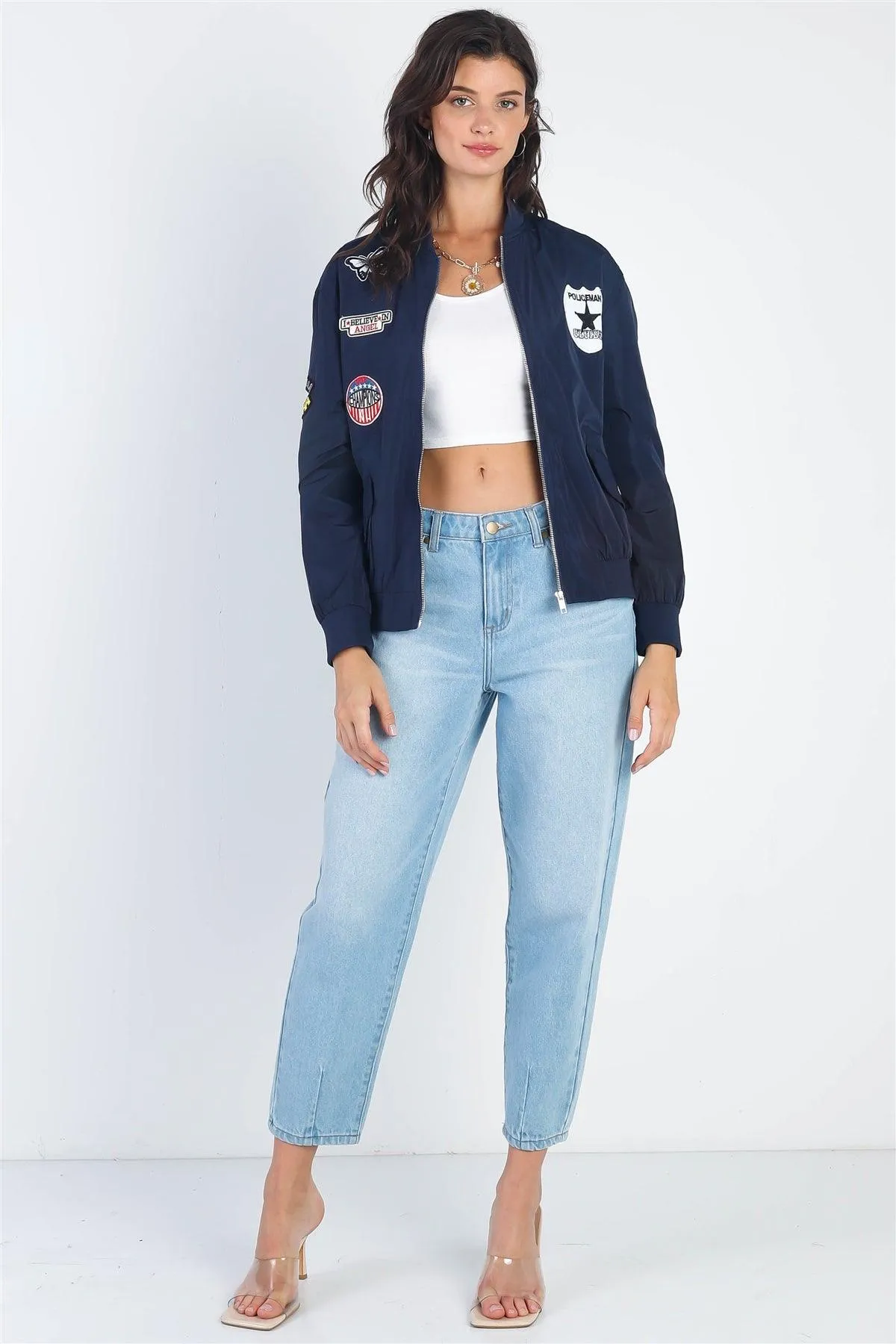 Aviator Navy Retro Patches Long Sleeve Bomber Jacket  /1-1-1