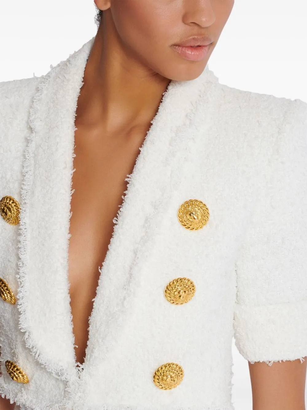 BALMAIN Elegant White Tweed Cropped Jacket with Gold-Tone Accents