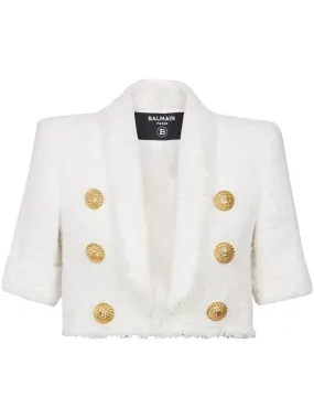 BALMAIN Elegant White Tweed Cropped Jacket with Gold-Tone Accents