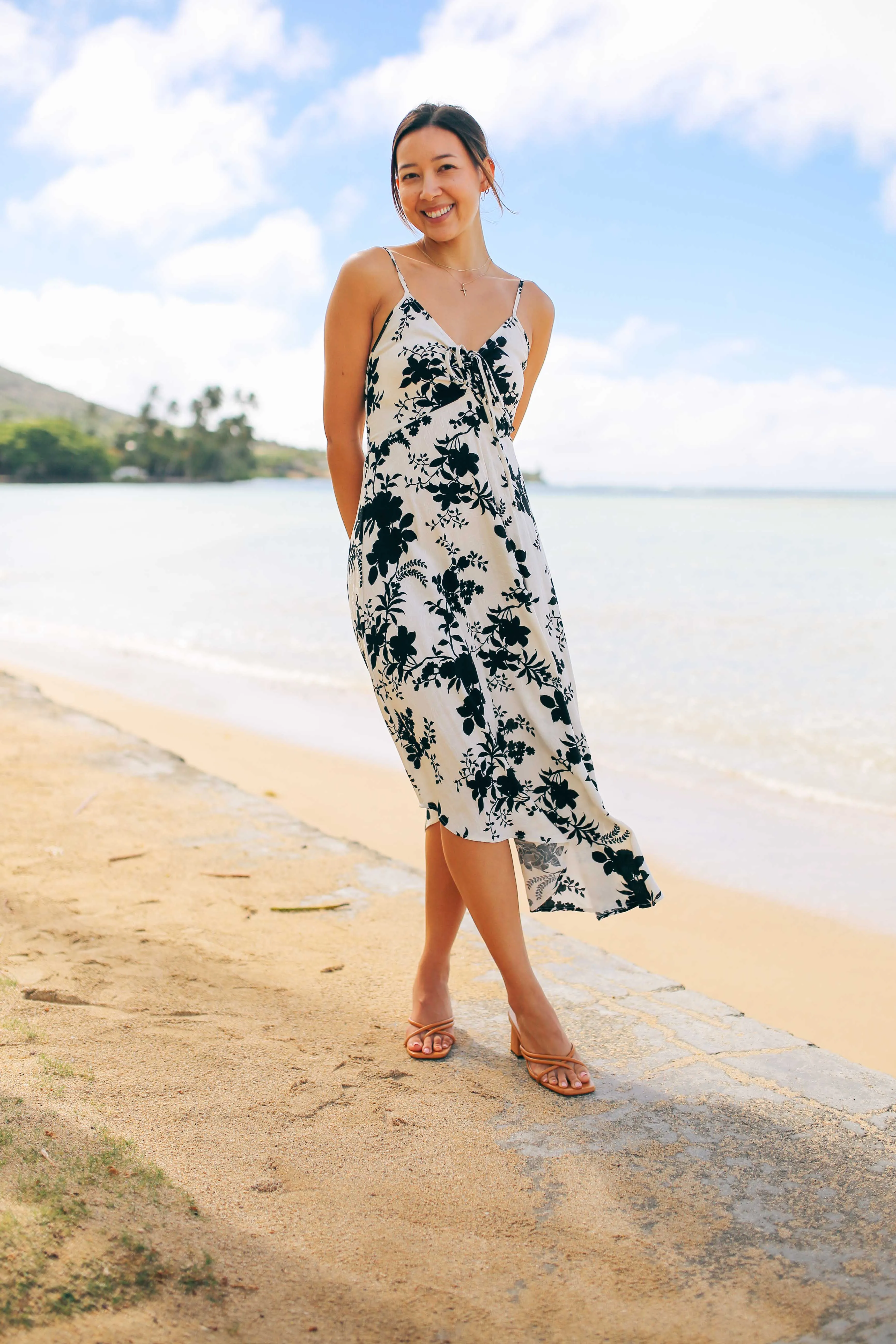 B&W Floral Ruche Midi Dress (RESTOCKED)