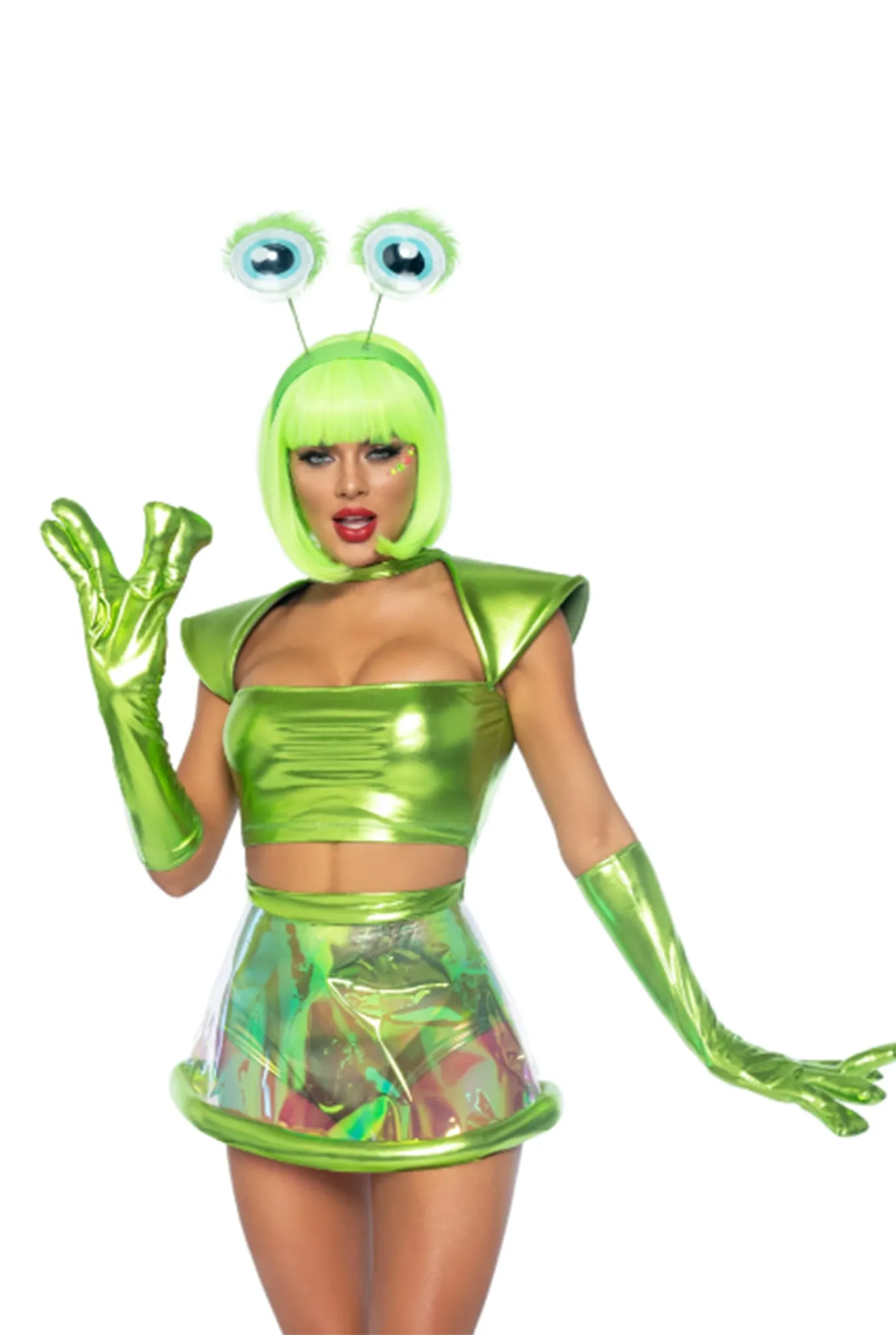 Beam Me Up Babe Alien Costume, Metallic Crop Top with Clear Skirt and Alien Gloves