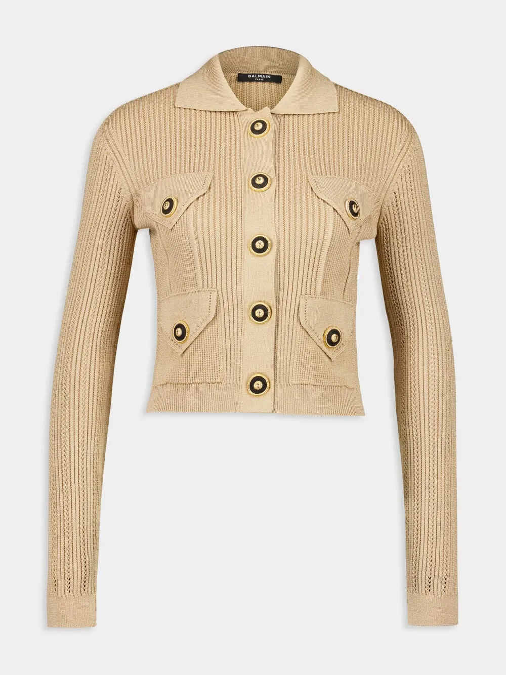 Beige Cropped Ribbed Knit Cardigan