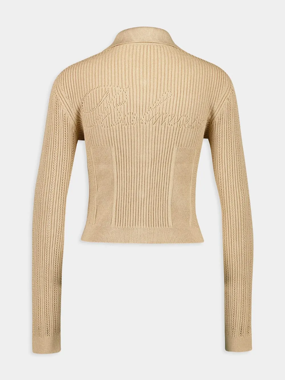 Beige Cropped Ribbed Knit Cardigan