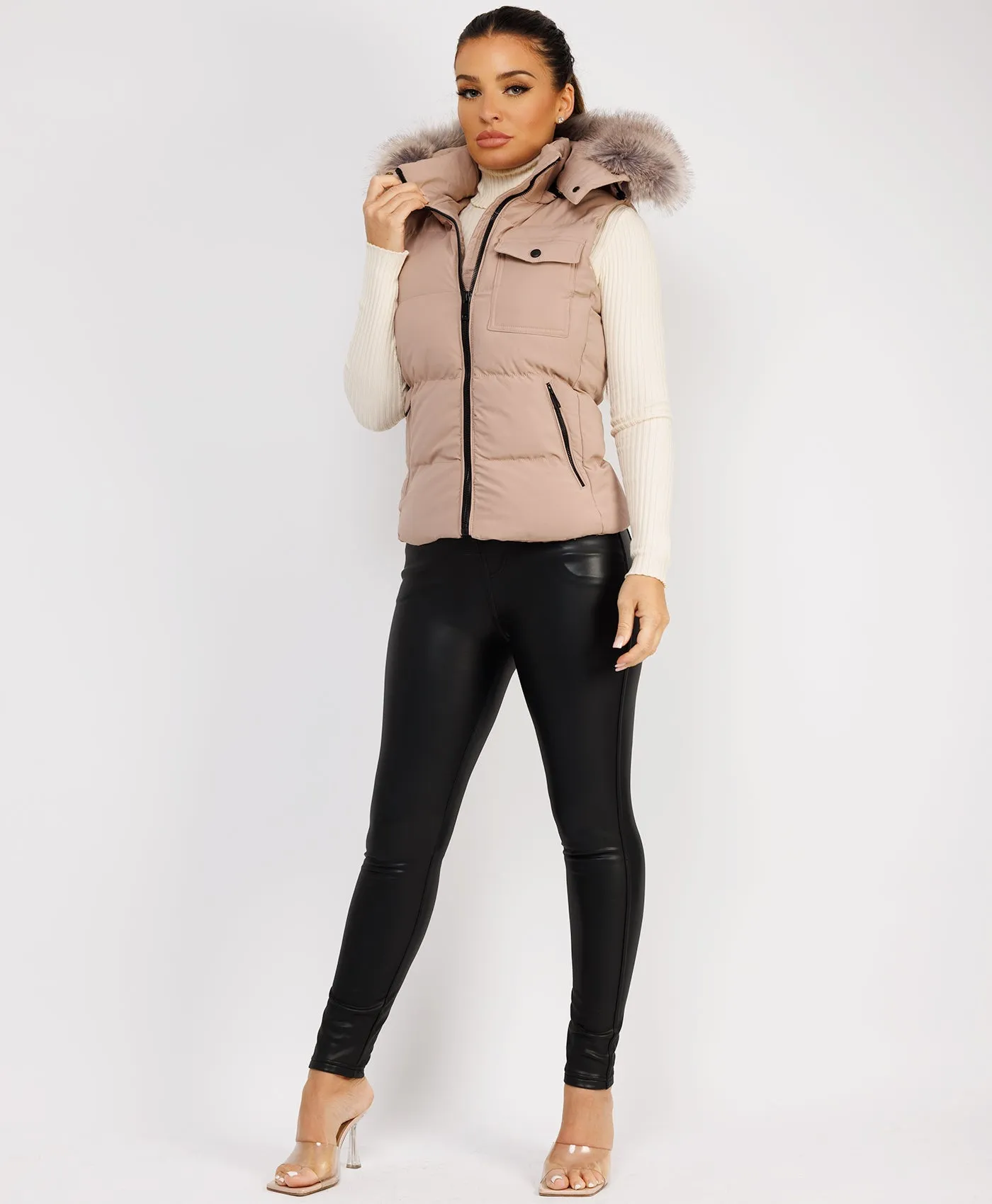 Beige Fluffy Faux Fur Trim Hood Puffer Gilet Vest