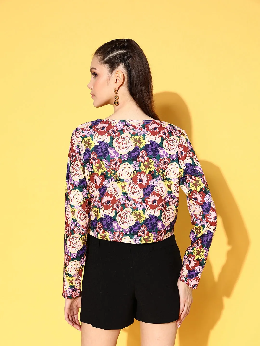 Berrylush Women Multicolour Floral Printed Collarless Open-Front Straight Hem Crop Jacket