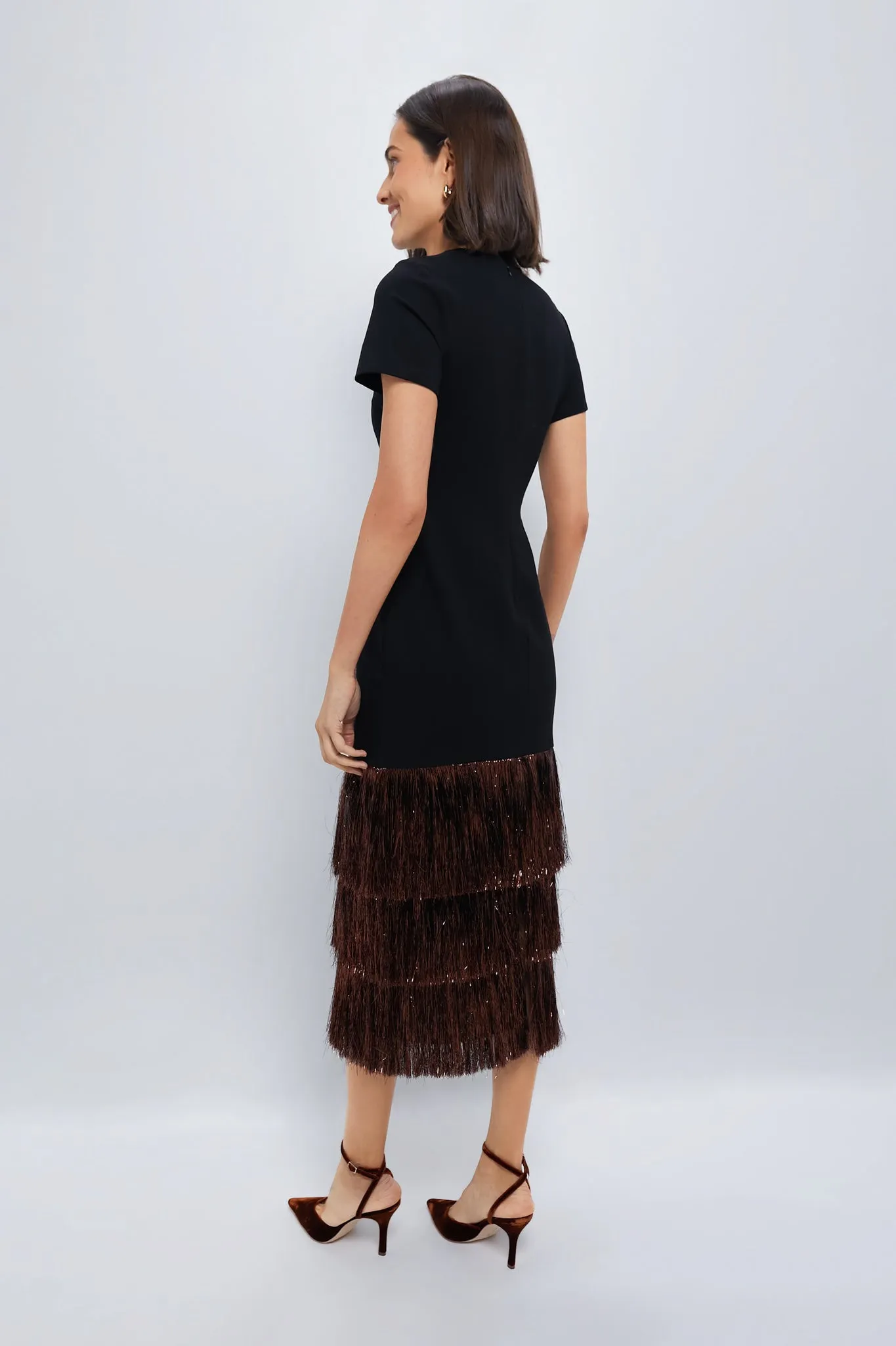 Black & Bronze Metallic Fringe Francie Short Sleeve Maxi Dress